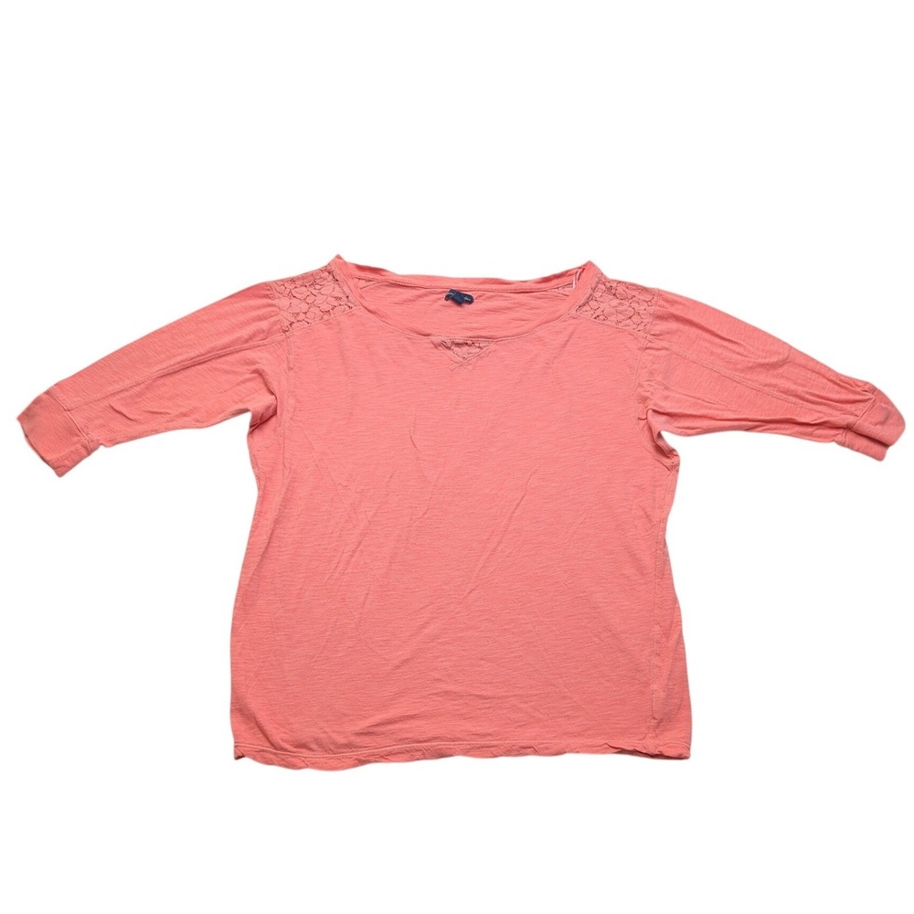 American‎ Eagle Top Womens Large Coral Pink Crochet Lace 3/4 Sleeve Scoop Neck
